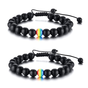 Nanafast 2 pulseras de orgullo LGBTQ con abalorio de 8 mm/10 mm para parejas de arcoíris para gays y lesbianas, turquesa, roca de lava, ágata mate, pulsera trenzada de orgullo LGBT, regalo ajustable, Fibra sintética