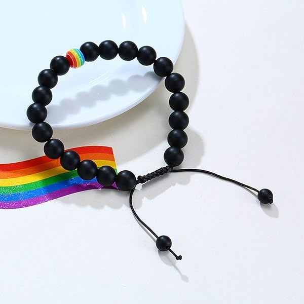 Nanafast 2 pulseras de orgullo LGBTQ con abalorio de 8 mm/10 mm para parejas de arcoíris para gays y lesbianas, turquesa, roca de lava, ágata mate, pulsera trenzada de orgullo LGBT, regalo ajustable, Fibra sintética - Image 5