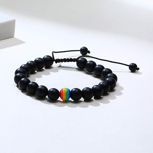 Nanafast 2 pulseras de orgullo LGBTQ con abalorio de 8 mm/10 mm para parejas de arcoíris para gays y lesbianas, turquesa, roca de lava, ágata mate, pulsera trenzada de orgullo LGBT, regalo ajustable, Fibra sintética - Image 6