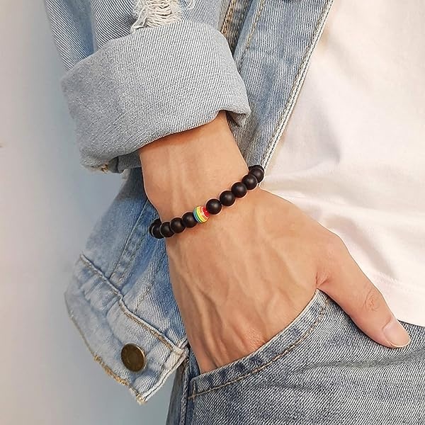 Nanafast 2 pulseras de orgullo LGBTQ con abalorio de 8 mm/10 mm para parejas de arcoíris para gays y lesbianas, turquesa, roca de lava, ágata mate, pulsera trenzada de orgullo LGBT, regalo ajustable, Fibra sintética - Image 8