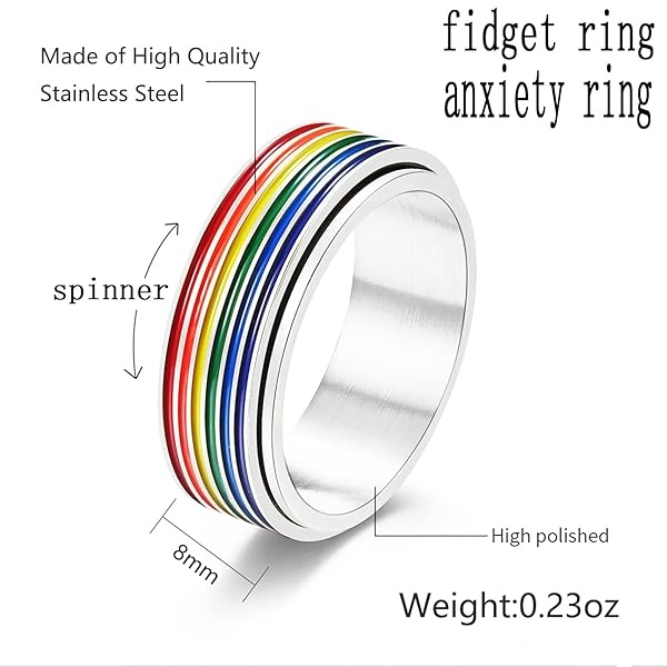 Nanafast Anillo de acero inoxidable de 8 mm con diseño de bandera de arco iris, gays, lesbianas, anillo giratorio para hombres y mujeres Plateado - Image 3