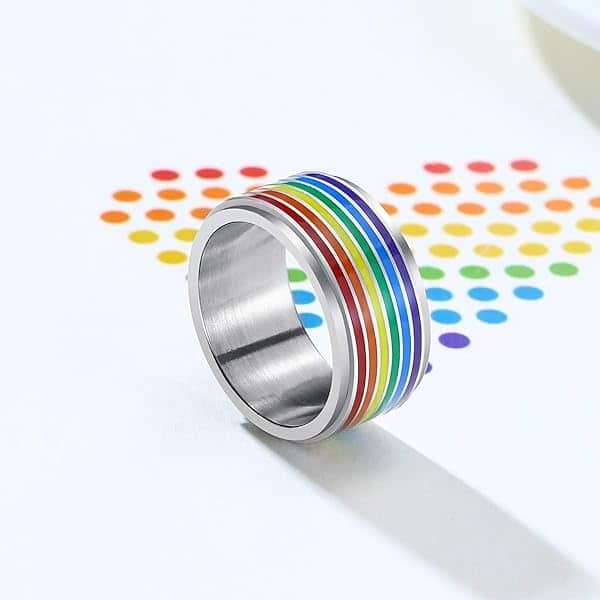 Nanafast Anillo de acero inoxidable de 8 mm con diseño de bandera de arco iris, gays, lesbianas, anillo giratorio para hombres y mujeres Plateado - Image 4