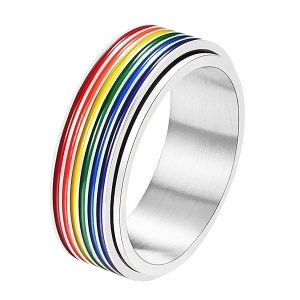 Nanafast Anillo de acero inoxidable de 8 mm con diseño de bandera de arco iris, gays, lesbianas, anillo giratorio para hombres y mujeres Plateado