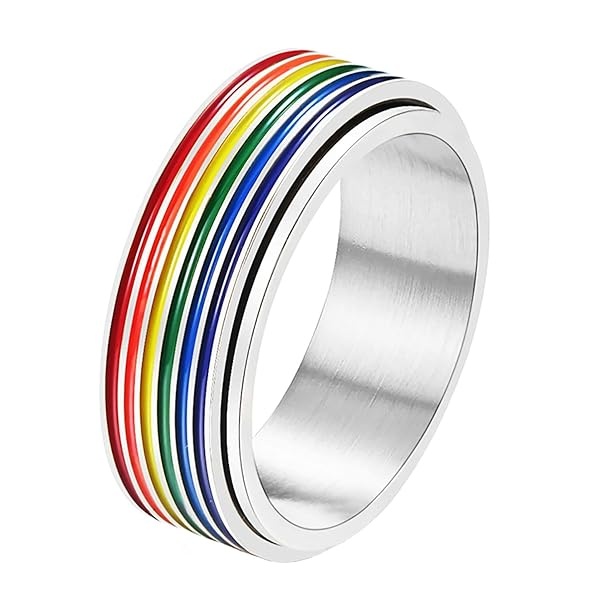 Nanafast Anillo de acero inoxidable de 8 mm con diseño de bandera de arco iris, gays, lesbianas, anillo giratorio para hombres y mujeres Plateado