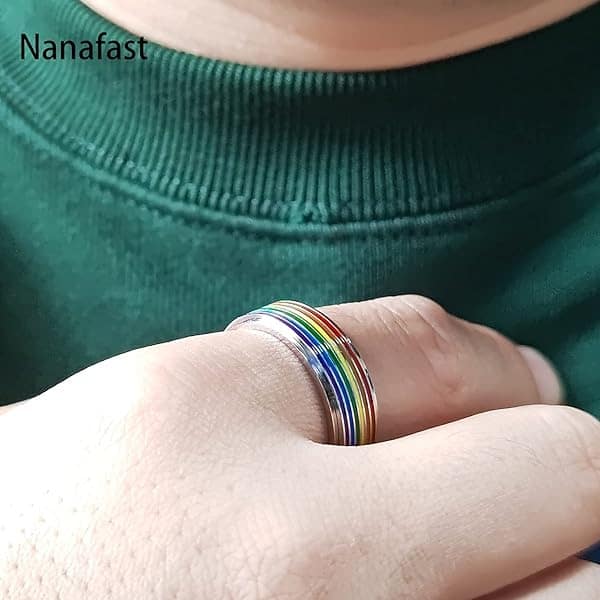 Nanafast Anillo de acero inoxidable de 8 mm con diseño de bandera de arco iris, gays, lesbianas, anillo giratorio para hombres y mujeres Plateado - Image 8
