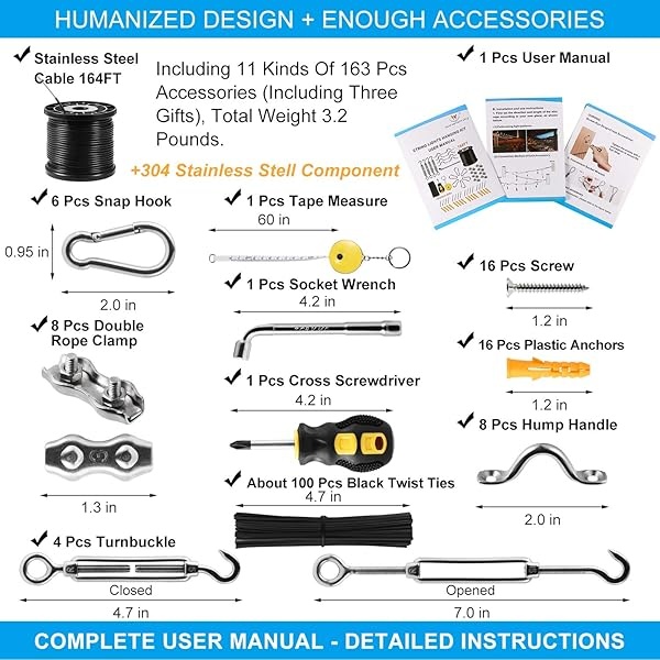 Newleray - Kit de suspensión de cuerda de alambre de acero inoxidable 304 con revestimiento de nailon de 164 pies, incluye suficientes accesorios, manual de uso, colocación humanizada, al aire última - Image 3