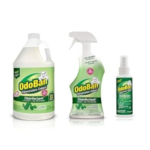 OdoBan Desinfectante y eliminador de olores listos para usar, juego de 3, espray de viaje de 4 onzas, espray de 32 onzas, concentrado de 1 galón, aroma original de eucalipto