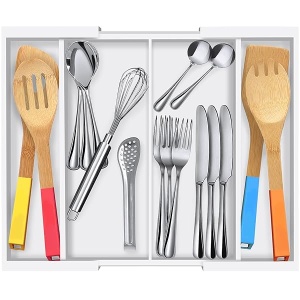 Organizador de cajones de cocina de bambú, organizador expandible, soporte para utensilios y bandeja para cubiertos con 4 compartimentos ajustables, color blanco