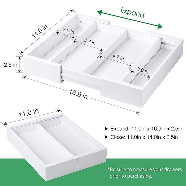 Organizador de cajones de cocina de bambú, organizador expandible, soporte para utensilios y bandeja para cubiertos con 4 compartimentos ajustables, color blanco - Image 5