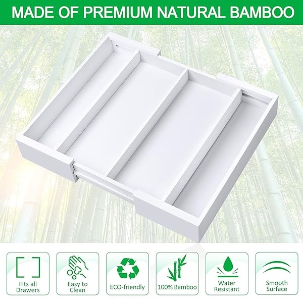 Organizador de cajones de cocina de bambú, organizador expandible, soporte para utensilios y bandeja para cubiertos con 4 compartimentos ajustables, color blanco - Image 6