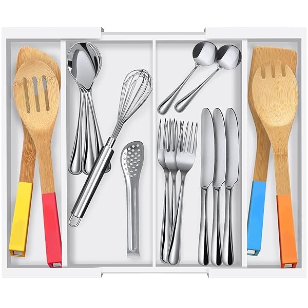 Organizador de cajones de cocina de bambú, organizador expandible, soporte para utensilios y bandeja para cubiertos con 4 compartimentos ajustables, color blanco