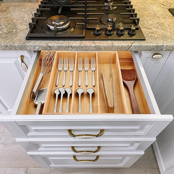 Organizador de cajones expandible de bambú, 5 ranuras para cubiertos para utensilios y cubiertos, organizador de cubiertos en cajón, separadores de cajones de madera para cubiertos, cuchillos en cocina, dormitorio, sala de estar - Image 3