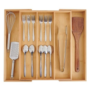 Organizador de cajones expandible de bambú, 5 ranuras para cubiertos para utensilios y cubiertos, organizador de cubiertos en cajón, separadores de cajones de madera para cubiertos, cuchillos en cocina, dormitorio, sala de estar