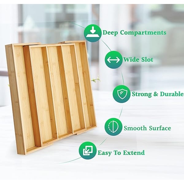 Organizador de cajones expandible de bambú, 5 ranuras para cubiertos para utensilios y cubiertos, organizador de cubiertos en cajón, separadores de cajones de madera para cubiertos, cuchillos en cocina, dormitorio, sala de estar - Image 5
