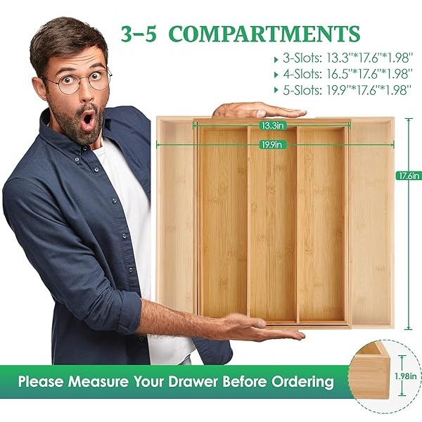 Organizador de cajones expandible de bambú, 5 ranuras para cubiertos para utensilios y cubiertos, organizador de cubiertos en cajón, separadores de cajones de madera para cubiertos, cuchillos en cocina, dormitorio, sala de estar - Image 6