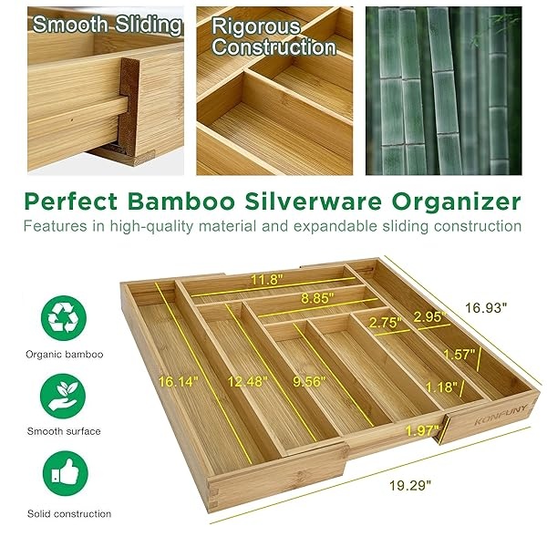 Organizador de cajones y utensilios de cocina ampliable de bambú, bandeja de cubiertos de tamaño perfecto con separadores de cajones para utensilios de cocina y cubiertos (6 – 8 ranuras) - Image 3