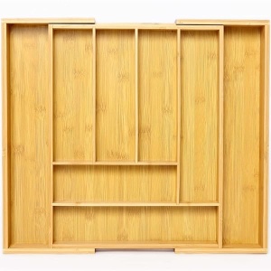 Organizador de cajones y utensilios de cocina ampliable de bambú, bandeja de cubiertos de tamaño perfecto con separadores de cajones para utensilios de cocina y cubiertos (6 – 8 ranuras)