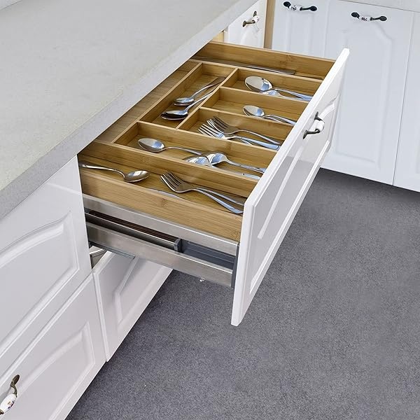 Organizador de cajones y utensilios de cocina ampliable de bambú, bandeja de cubiertos de tamaño perfecto con separadores de cajones para utensilios de cocina y cubiertos (6 – 8 ranuras) - Image 7