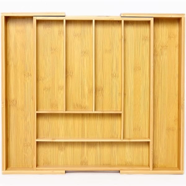 Organizador de cajones y utensilios de cocina ampliable de bambú, bandeja de cubiertos de tamaño perfecto con separadores de cajones para utensilios de cocina y cubiertos (6 – 8 ranuras)