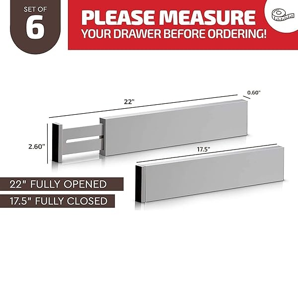 Organizador de separadores de cajones de bambú ajustable – Separadores de utensilios de cocina grandes expandibles para tocador, dormitorio, cajón de bebé, baño, oficina, juego de 6 – 2.6 de alto, 17.5 a 22 pulgadas (gris) - Image 4