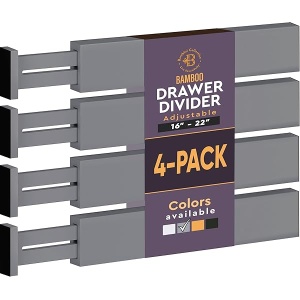 Organizador grande para cajones de cocina, divisores de cajones de bambú expandibles (17.5 a 22 pulgadas), separadores ajustables para cocina, ropa, cambiador, recámara, baño y cajones de computadora, paquete de 4 (gris)