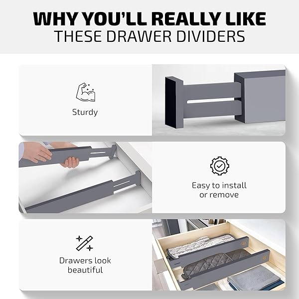Organizador grande para cajones de cocina, divisores de cajones de bambú expandibles (17.5 a 22 pulgadas), separadores ajustables para cocina, ropa, cambiador, recámara, baño y cajones de computadora, paquete de 4 (gris) - Image 6