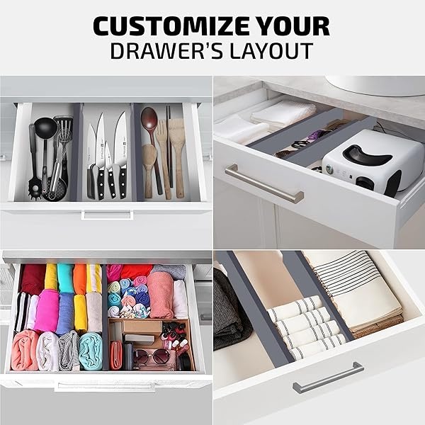 Organizador grande para cajones de cocina, divisores de cajones de bambú expandibles (17.5 a 22 pulgadas), separadores ajustables para cocina, ropa, cambiador, recámara, baño y cajones de computadora, paquete de 4 (gris) - Image 8