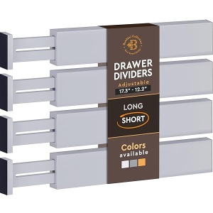 Organizadores de cajones de bambú ajustables, se adapta a cajones estándar de 12.2 pulgadas hasta 17.3 pulgadas, separadores organizadores de cajones de cocina expandibles para utensilios, aparadores, ropa, recámara, baño, 4 unidades, color gris