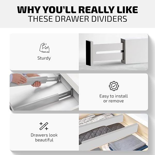 Organizadores de cajones de bambú ajustables, se adapta a cajones estándar de 12.2 pulgadas hasta 17.3 pulgadas, separadores organizadores de cajones de cocina expandibles para utensilios, aparadores, ropa, recámara, baño, 4 unidades, color gris - Image 7