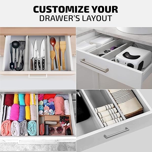 Organizadores de cajones de bambú ajustables, se adapta a cajones estándar de 12.2 pulgadas hasta 17.3 pulgadas, separadores organizadores de cajones de cocina expandibles para utensilios, aparadores, ropa, recámara, baño, 4 unidades, color gris - Image 8