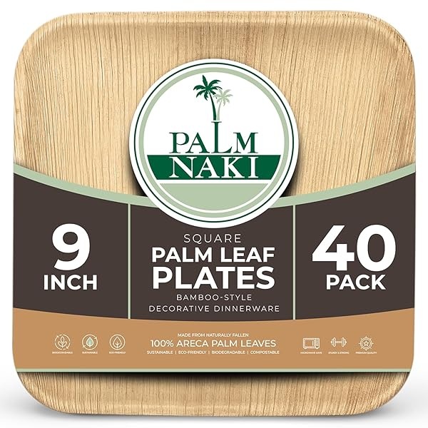 PALM NAKI Platos cuadrados de hojas de palma (40 unidades) – Vajilla desechable, ecológica, de bambú compostables y biodegradables (platos de 9 pulgadas)