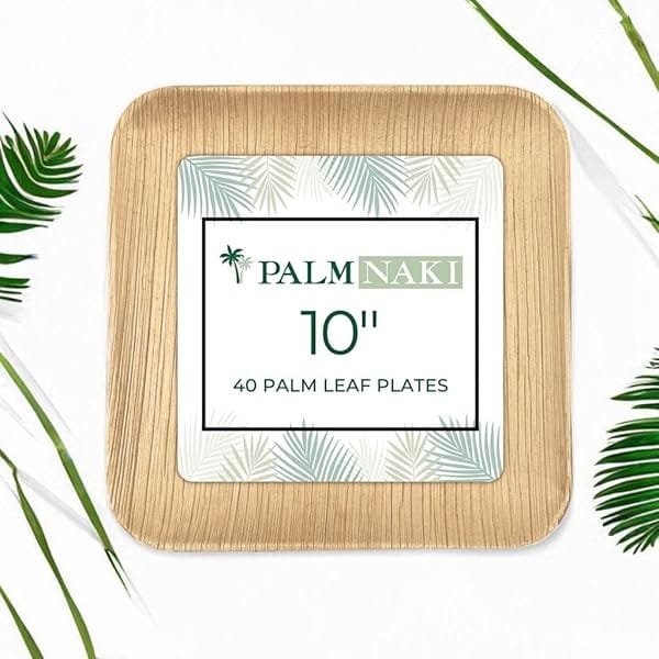 PALM NAKI - Platos de hoja de palma ecológicos, cuadrados de 10 pulgadas, estilo bambú (paquete de 40), vajilla sostenible, decorativa y compostable (platos de 10 pulgadas) - Image 8