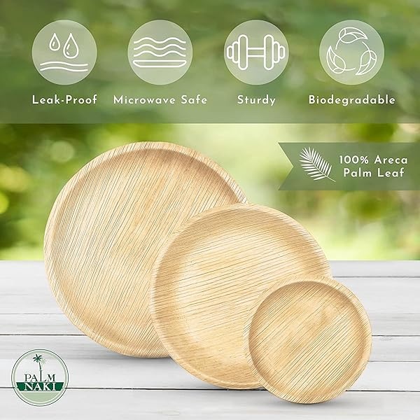 PALM NAKI - Platos de hoja de palma ecológicos, redondos de 10 pulgadas, estilo bambú (paquete de 40), vajilla sostenible, decorativa y compostable (10 pulgadas) - Image 3