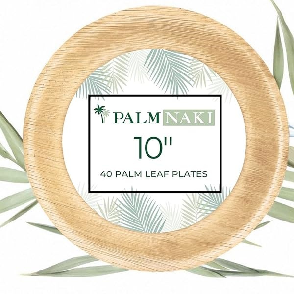 PALM NAKI - Platos de hoja de palma ecológicos, redondos de 10 pulgadas, estilo bambú (paquete de 40), vajilla sostenible, decorativa y compostable (10 pulgadas) - Image 7