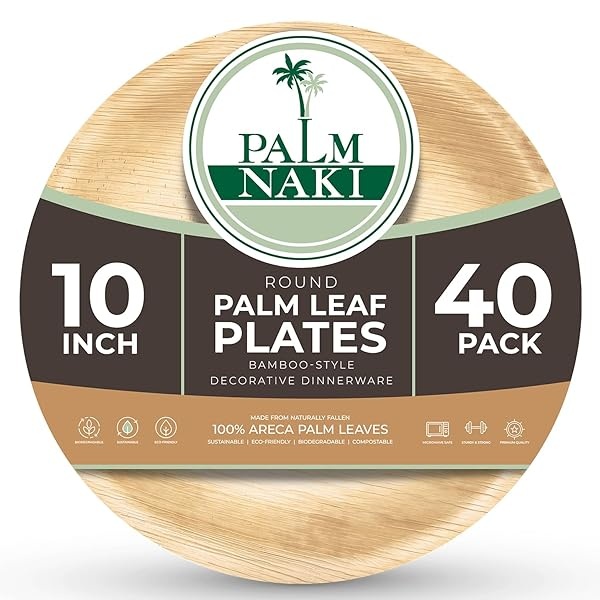 PALM NAKI - Platos de hoja de palma ecológicos, redondos de 10 pulgadas, estilo bambú (paquete de 40), vajilla sostenible, decorativa y compostable (10 pulgadas)