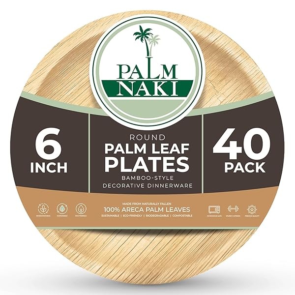 PALM NAKI - Platos redondos de hoja de palma (40 unidades) - Vajilla desechable, platos redondos compostables y biodegradables (platos redondos de 6 pulgadas)