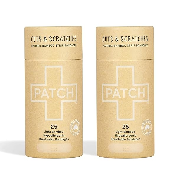 PARCHE - Vendajes de bambú ecológicos para cortes y arañazos, hipoalergénicos para el cuidado de las heridas para la piel sensible, compostable y biodegradable, sin látex, sin plástico, cero residuos, natural, 25 unidades (paquete de 2)