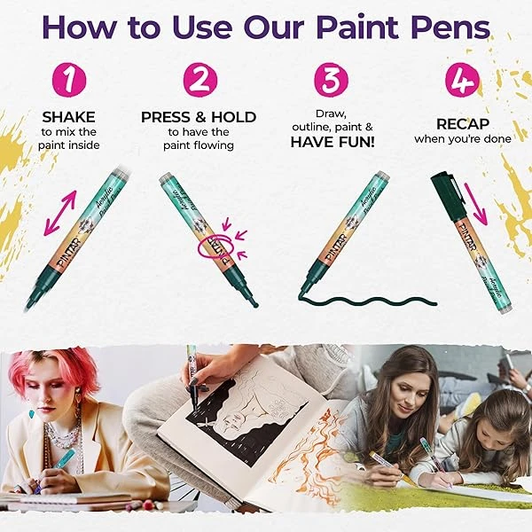 PINTAR Premium Acrylic Paint Pens - (26 Colors) Medium Tip Pens For Rock Painting, Ceramic Glass, Wood, Paper, Fabric & Porcelain, Water Resistant Paint Set, Surface Pen, Craft Supplies, DIY Project - Image 7