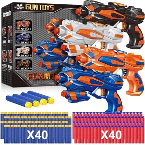 POKONBOY - Juego de 4 pistolas Blaster compatibles con balas Nerf Guns, pistolas de juguete para niños y niñas con 80 dardos de repuesto de espuma, juguetes de pistola de mano para niños de más de 6