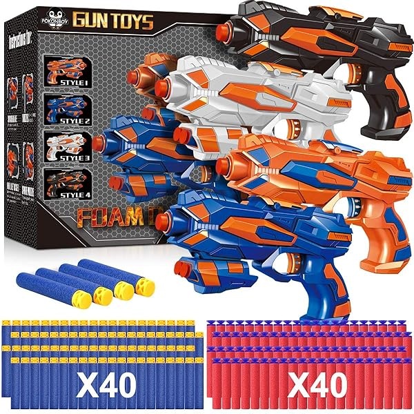 POKONBOY - Juego de 4 pistolas Blaster compatibles con balas Nerf Guns, pistolas de juguete para niños y niñas con 80 dardos de repuesto de espuma, juguetes de pistola de mano para niños de más de 6