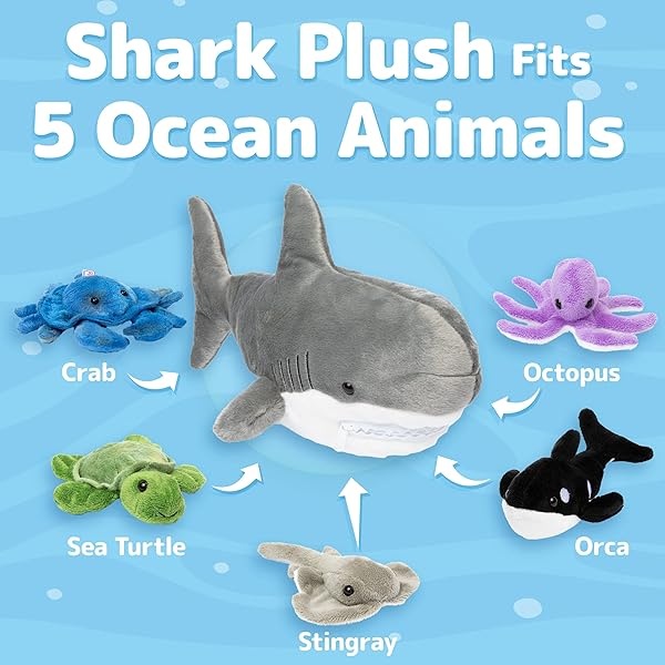 PREXTEX - Peluche de tiburón con 5 animales marinos de peluche, tortuga, ballena, pulpo, mantarraya, felpa de cangrejo, juguetes de peluche de tiburón para niños de 3 a 5 años, juguete gigante de - Image 3