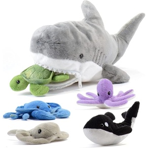 PREXTEX - Peluche de tiburón con 5 animales marinos de peluche, tortuga, ballena, pulpo, mantarraya, felpa de cangrejo, juguetes de peluche de tiburón para niños de 3 a 5 años, juguete gigante de