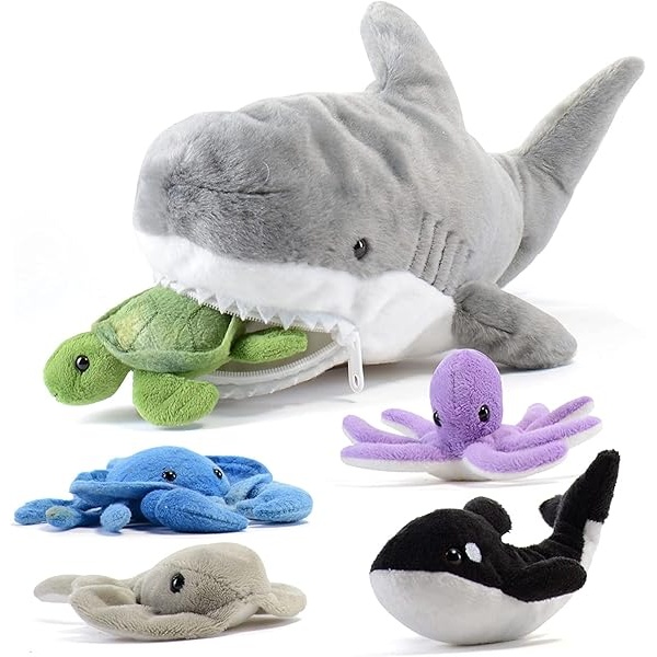 PREXTEX - Peluche de tiburón con 5 animales marinos de peluche, tortuga, ballena, pulpo, mantarraya, felpa de cangrejo, juguetes de peluche de tiburón para niños de 3 a 5 años, juguete gigante de