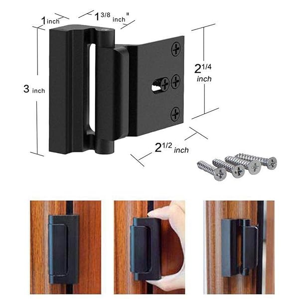 Paquete de 2 cerraduras de refuerzo para puerta con 8 tornillos, bloqueo de puerta de seguridad Defender para niños pequeños, bloqueo de puerta a prueba de niños con bloqueo nocturno, soporta 800 libras, Negro - Image 5