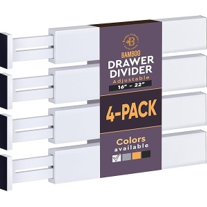 Paquete de 4 divisores de cajones de bambú de 2.6 pulgadas de alto, organizadores de cajones ajustables de 16 a 22 pulgadas para ropa, separadores de cambiador expansibles en recámara, baño, cocina,
