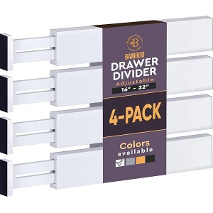 Paquete de 4 divisores de cajones de bambú de 2.6 pulgadas de alto, organizadores de cajones ajustables de 16 a 22 pulgadas para ropa, separadores de cambiador expansibles en recámara, baño, cocina,