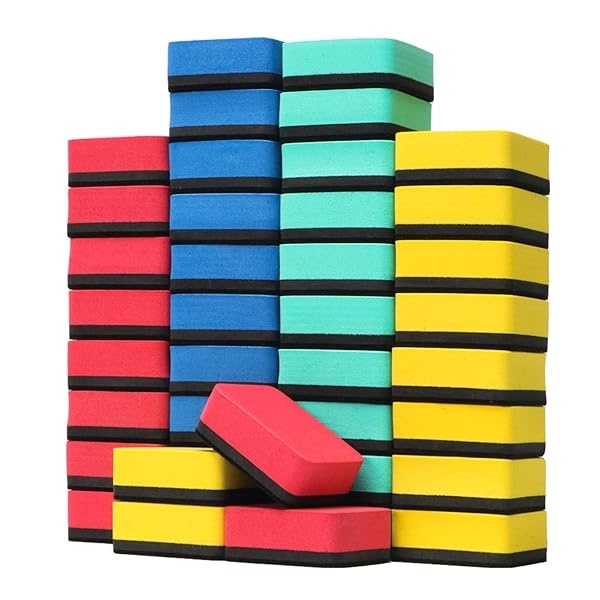 Paquete de 40 gomas de borrar blancas magnéticas para borrar en seco, borrador, limpiador de pizarrón, 4 colores surtidos para escuela, oficina, hogar, cuadrado