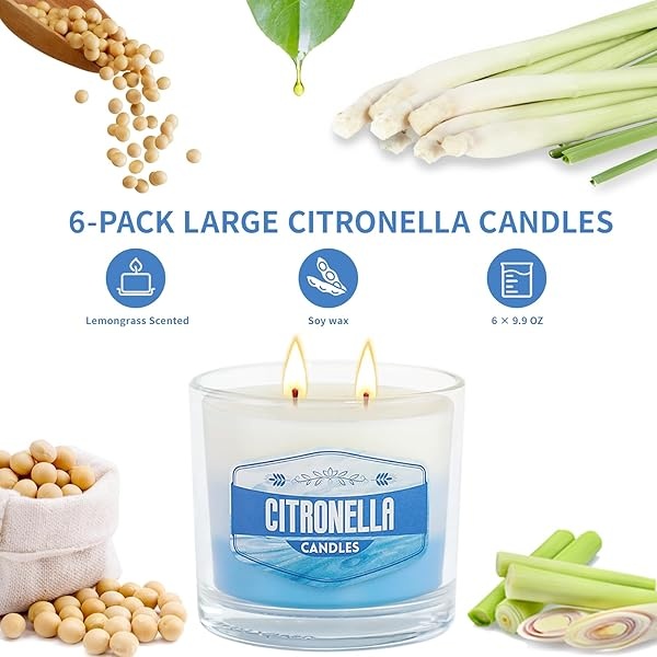 Paquete de 6 velas de citronela para exteriores, vela grande de 2 mechas de citronela para patio, vela de soja de citronela fresca de 6 onzas para el hogar, velas de 450 horas de larga duración para - Image 4