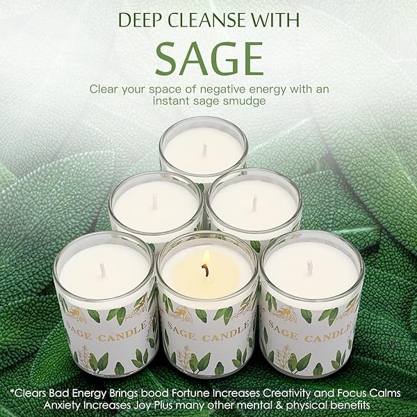 Paquete de 6 velas de salvia pura de larga duración, 3.5 onzas cada vela de salvia para limpiar la energía negativa de la casa, velas de salvia de cera de soja natural para el hogar, velas de mancha de salvia para relajarse y restaurar el cuerpo y la mente - Image 5