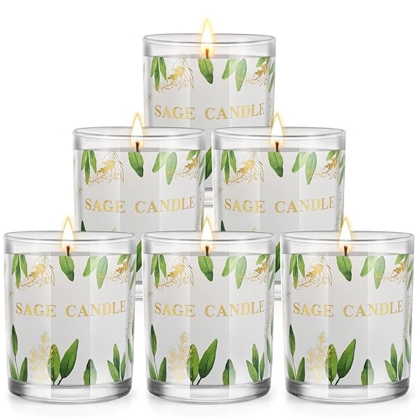 Paquete de 6 velas de salvia pura de larga duración, 3.5 onzas cada vela de salvia para limpiar la energía negativa de la casa, velas de salvia de cera de soja natural para el hogar, velas de mancha de salvia para relajarse y restaurar el cuerpo y la mente
